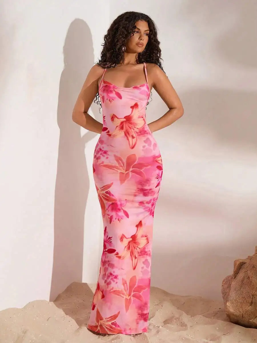 Floral Draped Neck Backless Maxi Knit Dress