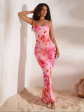 Floral Draped Neck Backless Maxi Knit Dress