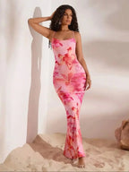 Floral Draped Neck Backless Maxi Knit Dress