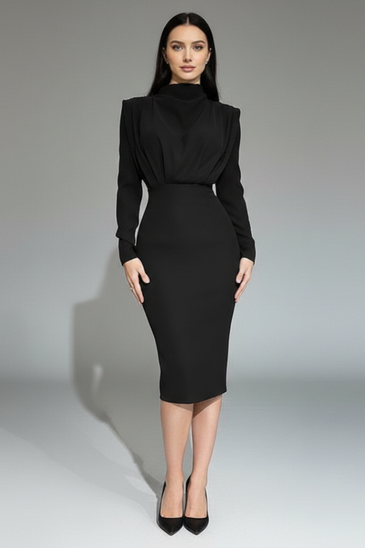 Women’s High Neck Long Sleeve Ankle-Length Dress for Elegant Comfort