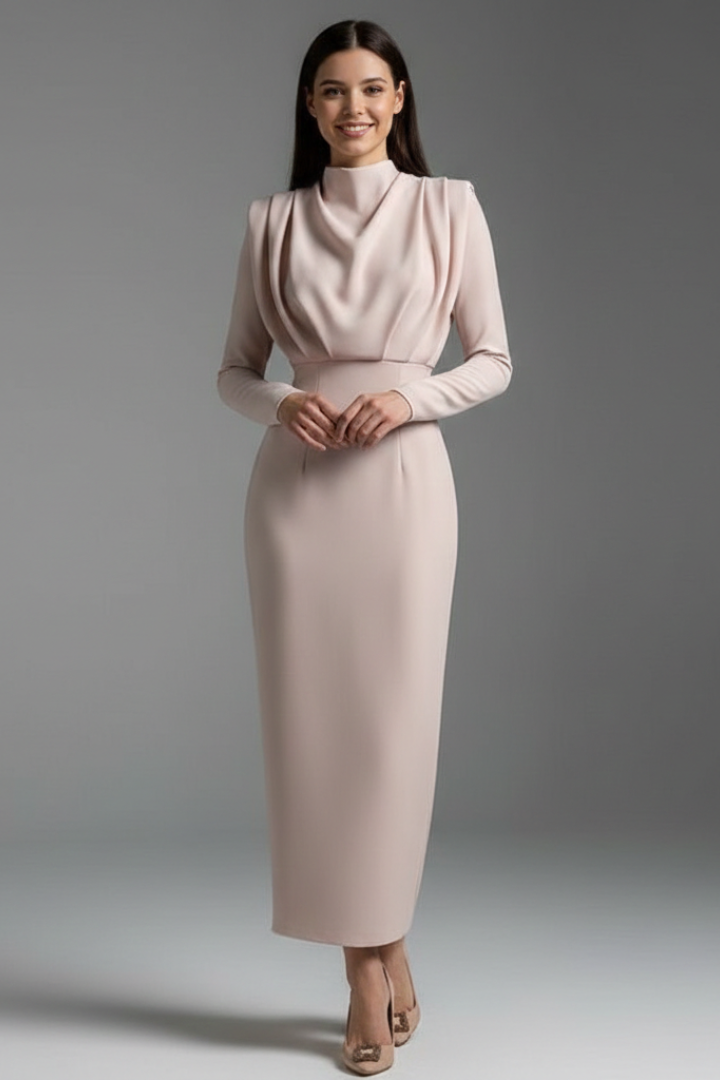 Women’s High Neck Long Sleeve Ankle-Length Dress for Elegant Comfort