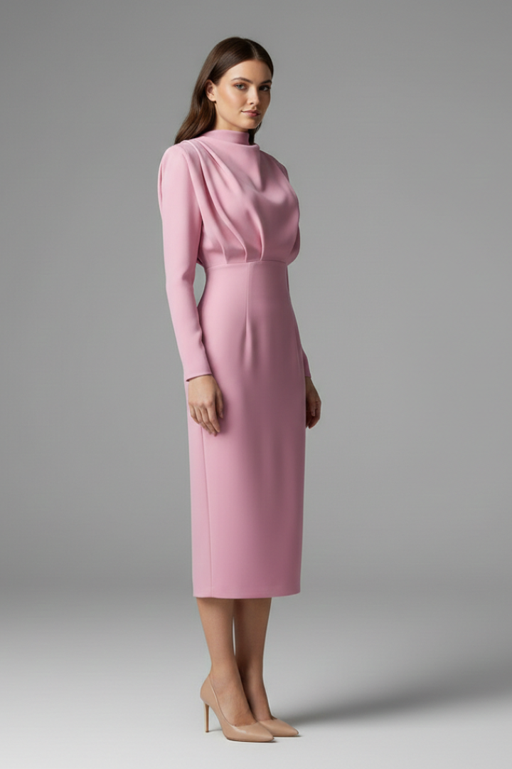 Women’s High Neck Long Sleeve Ankle-Length Dress for Elegant Comfort