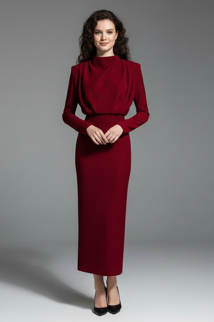 Women’s High Neck Long Sleeve Ankle-Length Dress for Elegant Comfort