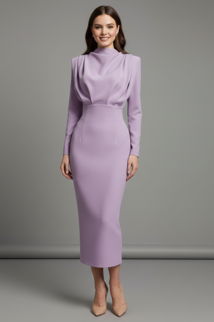 Women’s High Neck Long Sleeve Ankle-Length Dress for Elegant Comfort