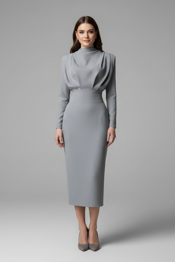 Women’s High Neck Long Sleeve Ankle-Length Dress for Elegant Comfort