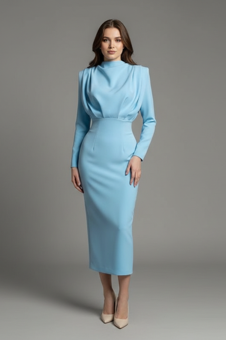 Women’s High Neck Long Sleeve Ankle-Length Dress for Elegant Comfort