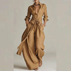 Women’s Two Piece Suit Set – Long Sleeve Button Up Shirt & Lace-Up Pants Outfit