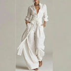 Women’s Two Piece Suit Set – Long Sleeve Button Up Shirt & Lace-Up Pants Outfit