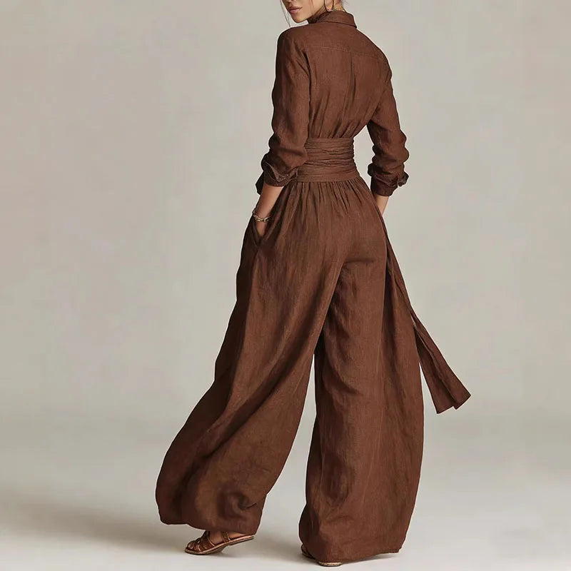 Women’s Two Piece Suit Set – Long Sleeve Button Up Shirt & Lace-Up Pants Outfit