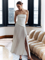 Women’s Sleeveless Pleated Maxi Dress – Collarless Slim Fit with Side Slit