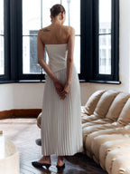 Women’s Sleeveless Pleated Maxi Dress – Collarless Slim Fit with Side Slit