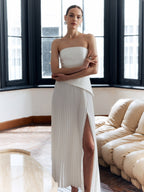 Women’s Sleeveless Pleated Maxi Dress – Collarless Slim Fit with Side Slit