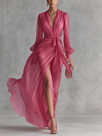 Women’s Rose Pink Pearl Chiffon V-Neck Tie-Waist Long Dress – Romantic Silhouette