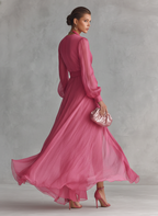 Women’s Rose Pink Pearl Chiffon V-Neck Tie-Waist Long Dress – Romantic Silhouette