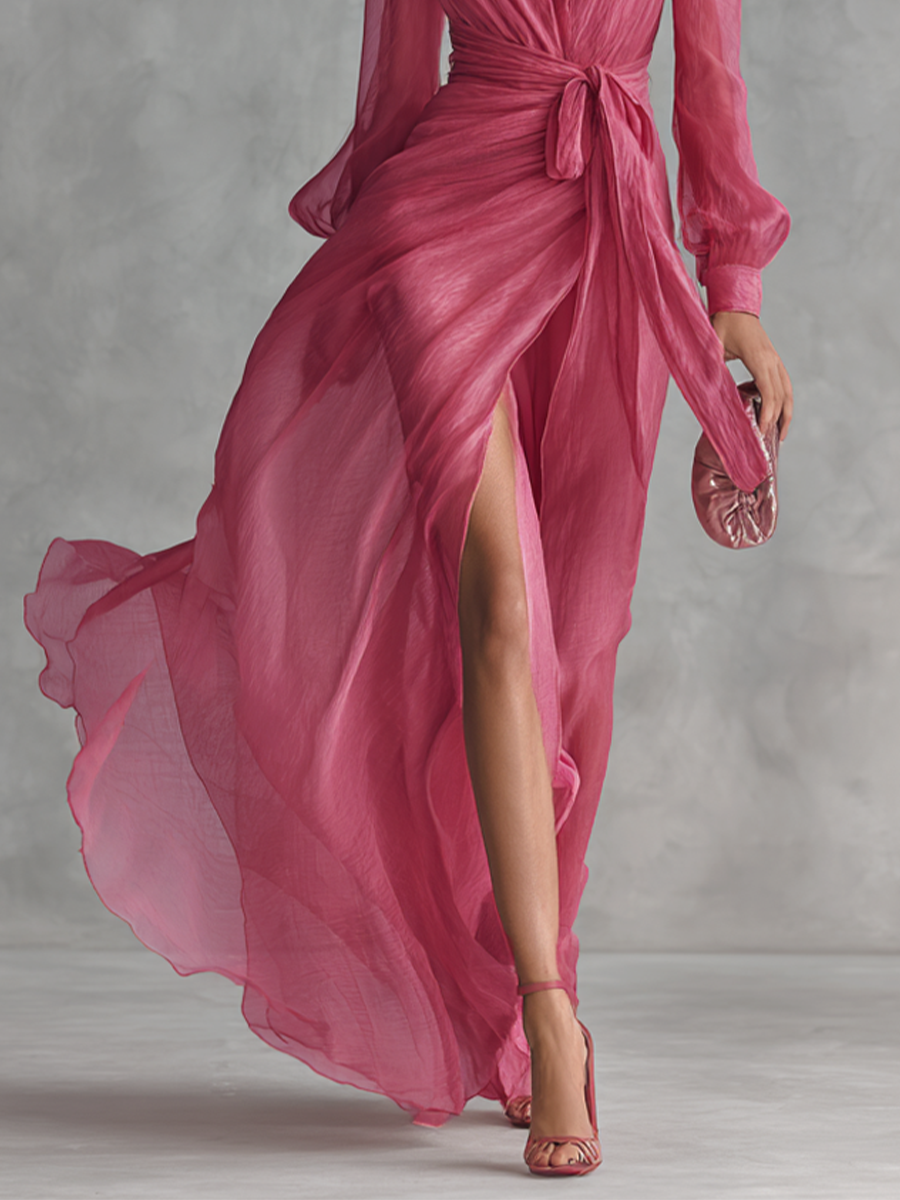 Women’s Rose Pink Pearl Chiffon V-Neck Tie-Waist Long Dress – Romantic Silhouette