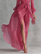 Women’s Rose Pink Pearl Chiffon V-Neck Tie-Waist Long Dress – Romantic Silhouette