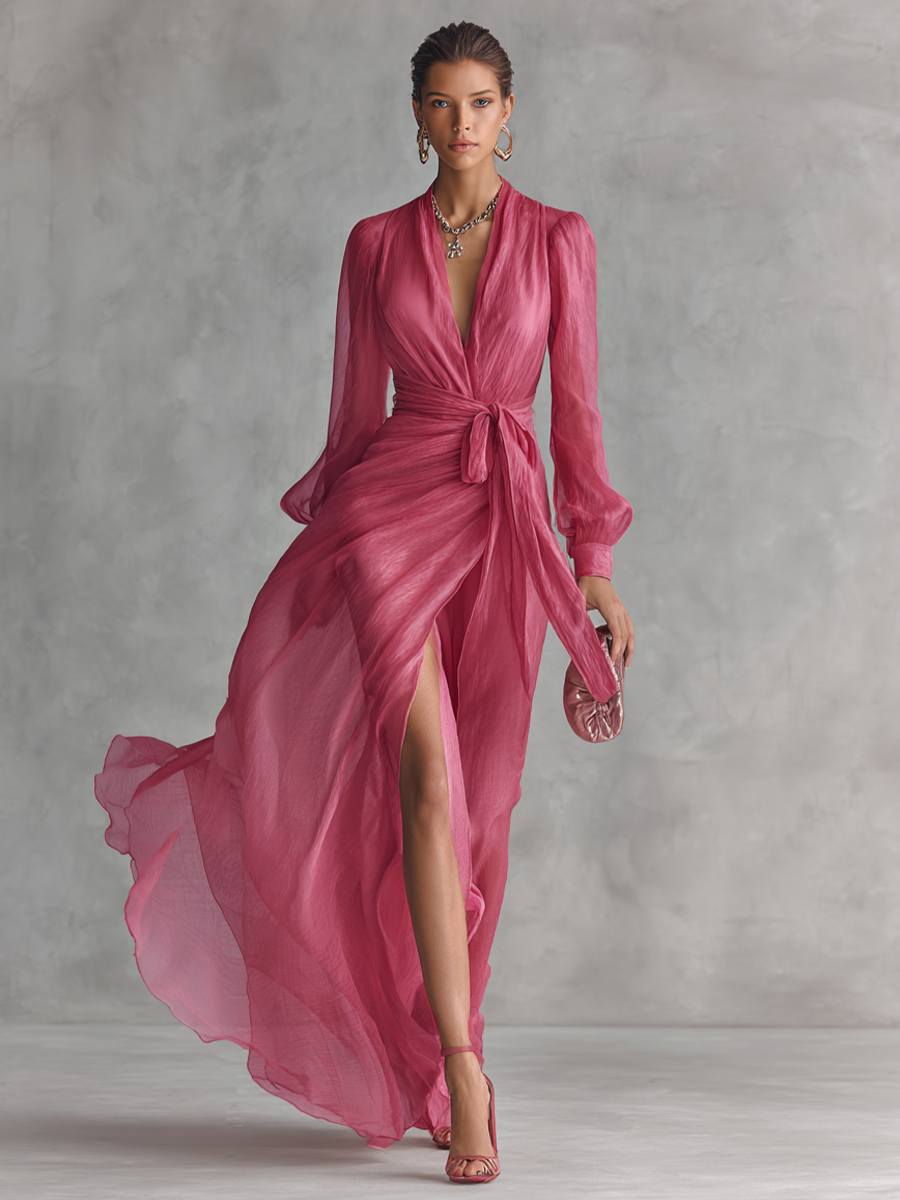 Women’s Rose Pink Pearl Chiffon V-Neck Tie-Waist Long Dress – Romantic Silhouette