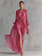 Women’s Rose Pink Pearl Chiffon V-Neck Tie-Waist Long Dress – Romantic Silhouette