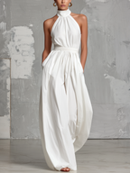 Women’s White Halter Neck Jumpsuit – Elegant Sleeveless Wide Leg Woven One Piece Outfit