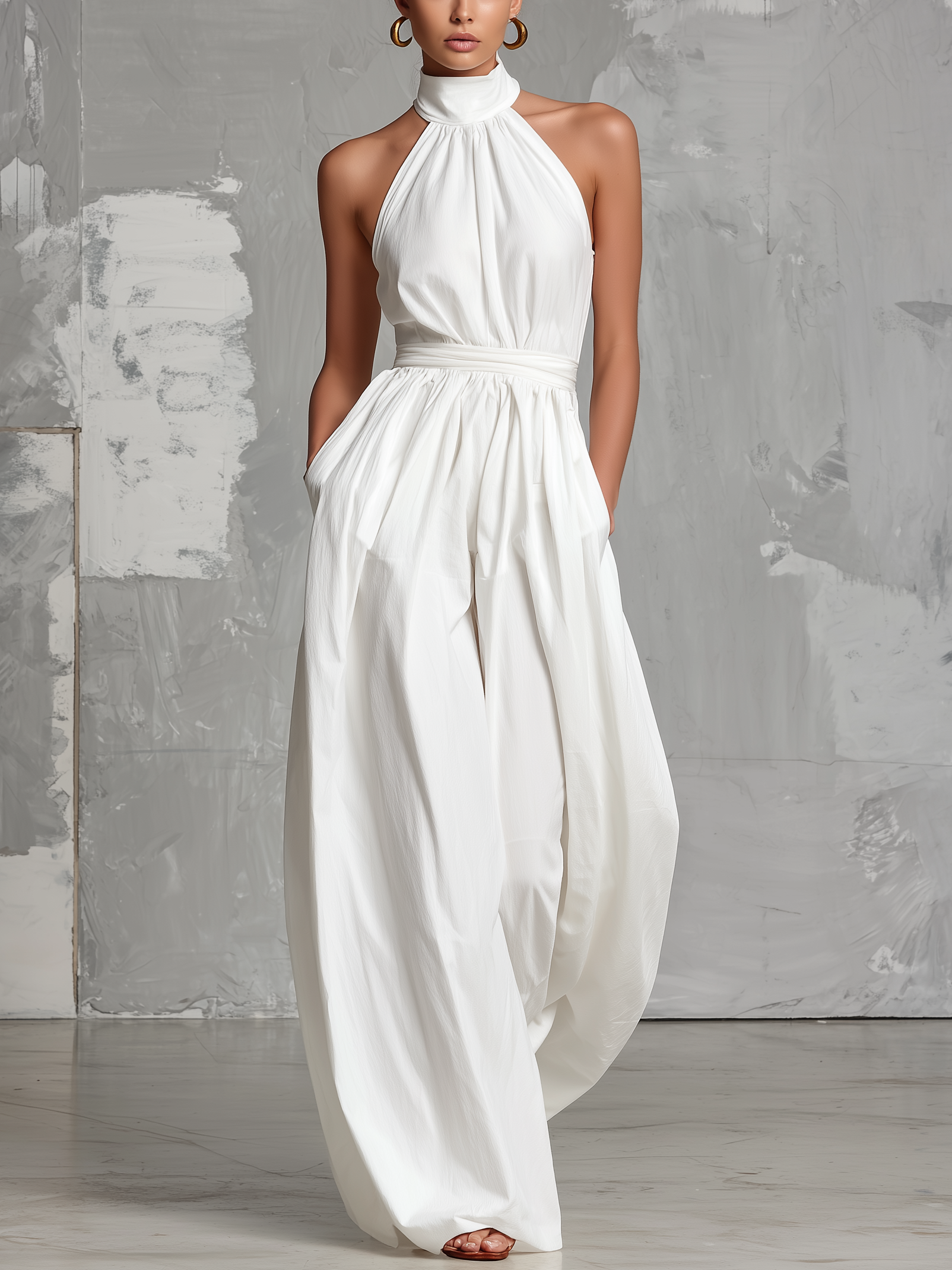 Women’s White Halter Neck Jumpsuit – Elegant Sleeveless Wide Leg Woven One Piece Outfit