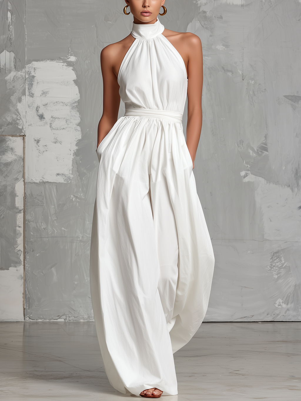 Women’s White Halter Wide Leg Jumpsuit – Elegant Summer One Piece