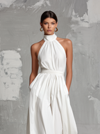 Women’s White Halter Neck Jumpsuit – Elegant Sleeveless Wide Leg Woven One Piece Outfit