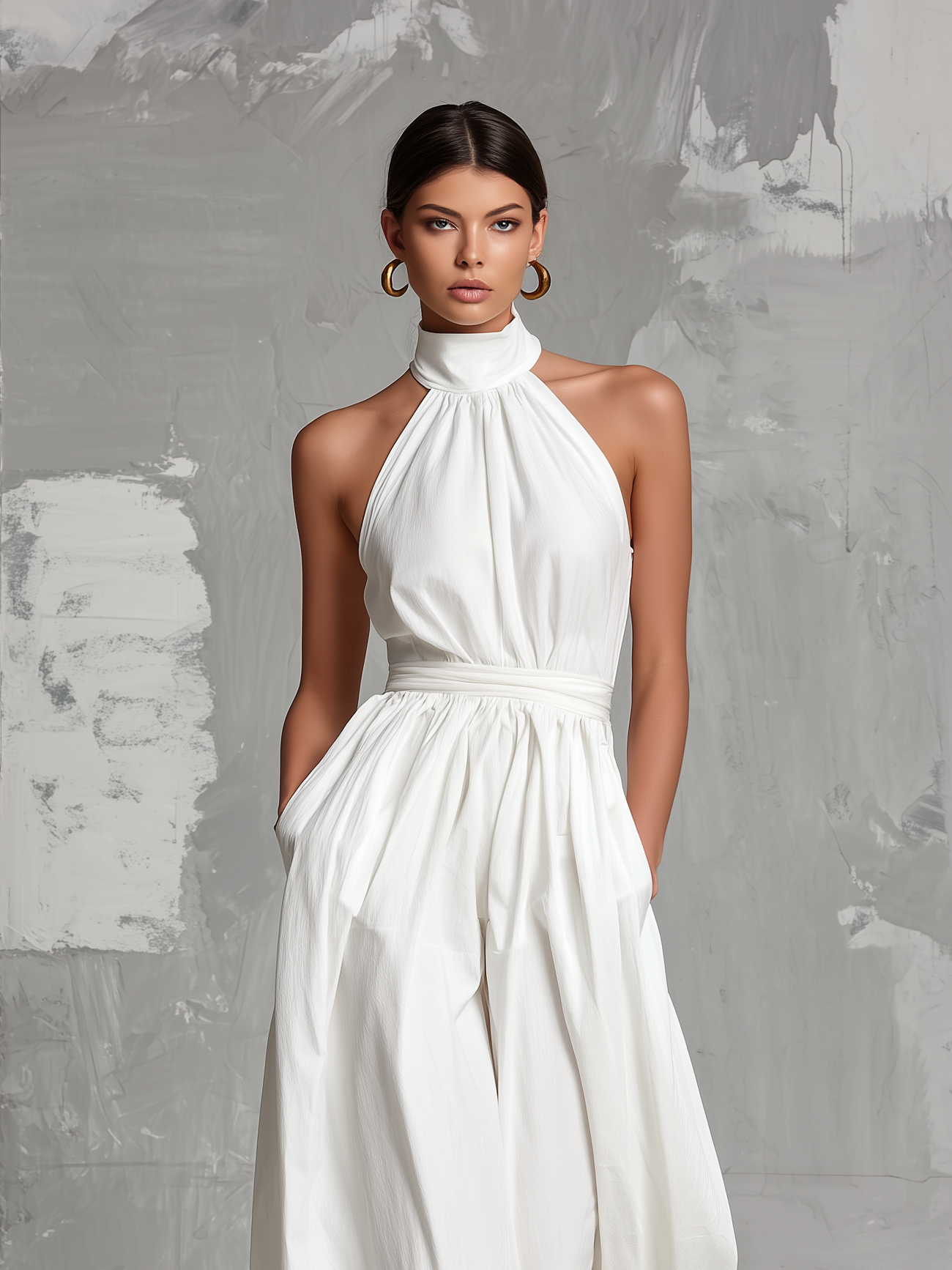 Women’s White Halter Neck Jumpsuit – Elegant Sleeveless Wide Leg Woven One Piece Outfit