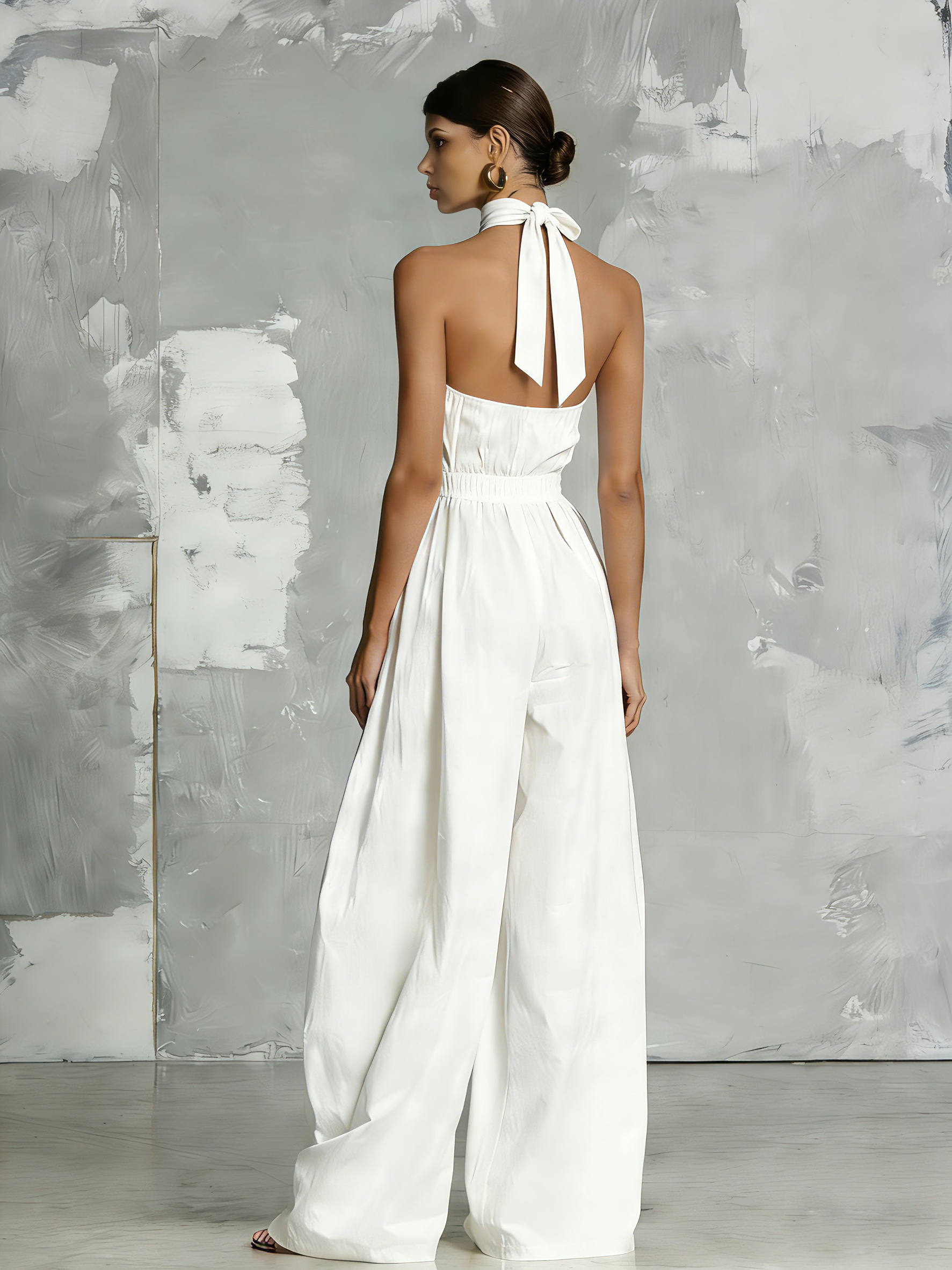 Women’s White Halter Neck Jumpsuit – Elegant Sleeveless Wide Leg Woven One Piece Outfit