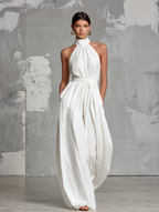 Women’s White Halter Neck Jumpsuit – Elegant Sleeveless Wide Leg Woven One Piece Outfit