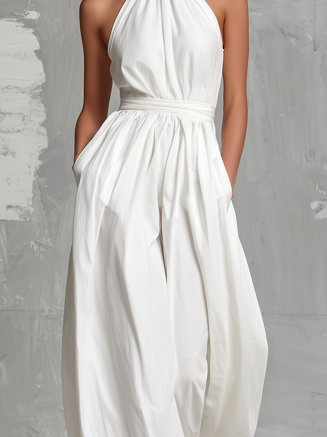 Women’s White Halter Neck Jumpsuit – Elegant Sleeveless Wide Leg Woven One Piece Outfit