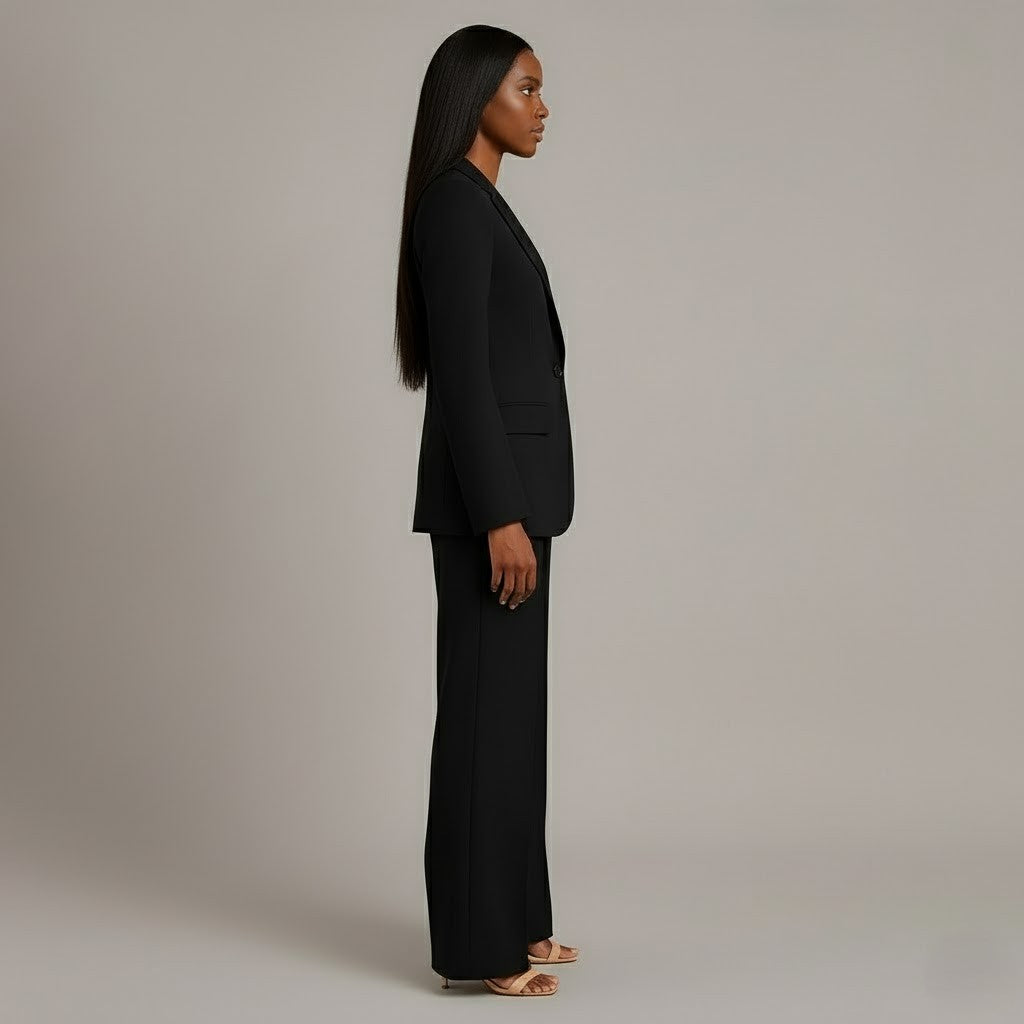 Women's Formal Tailored Suit Set with Long Blazer and Slim-Fit Wide-Leg Pants