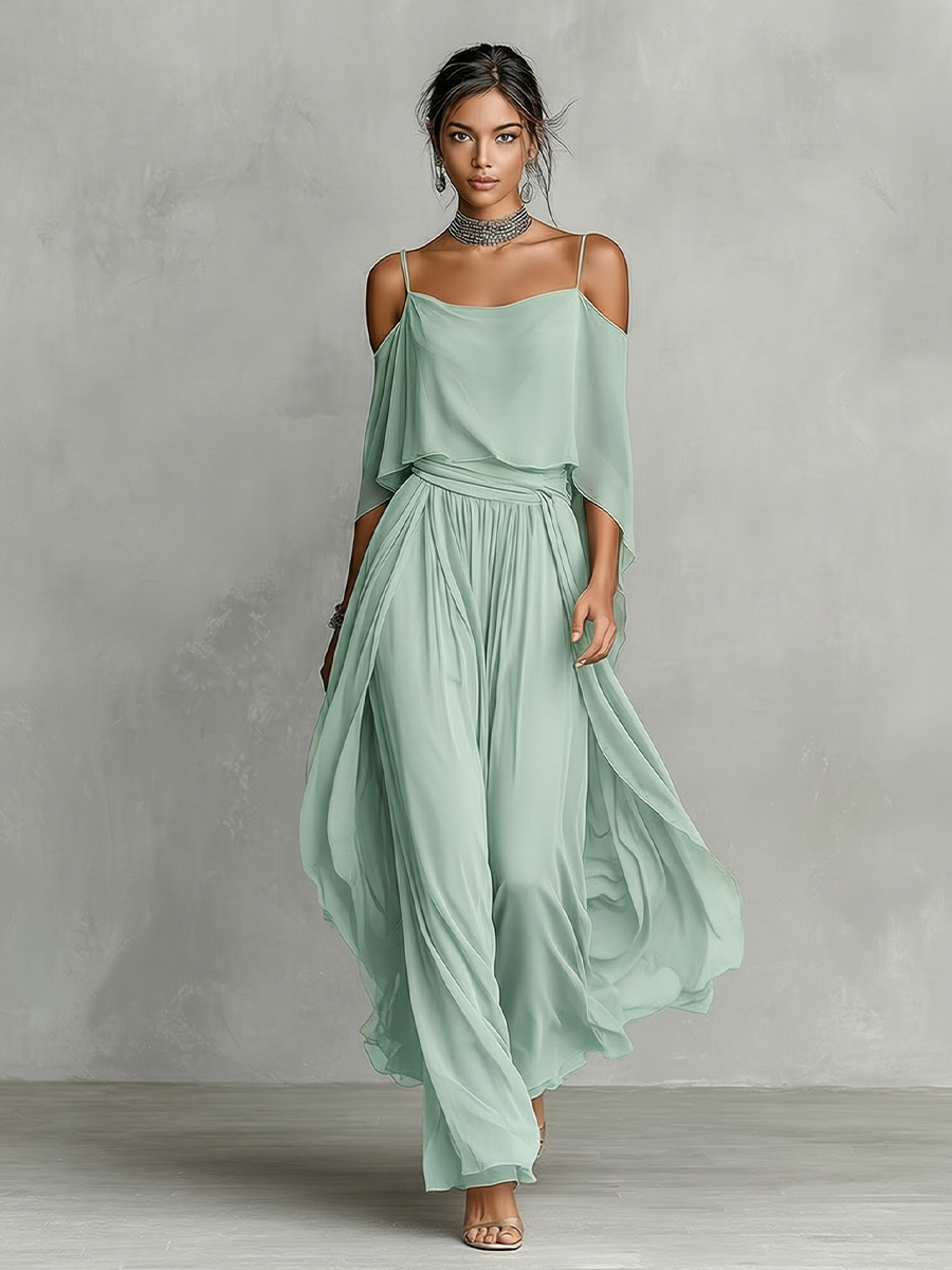 Side view of grey chiffon cold shoulder two piece set