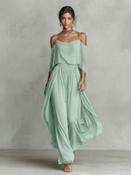 Side view of grey chiffon cold shoulder two piece set
