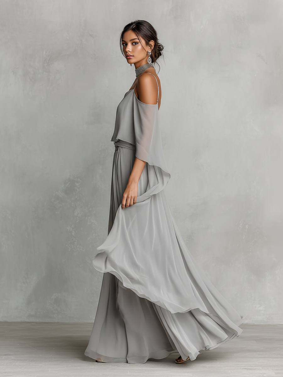 Cold shoulder top detail of grey chiffon two piece set