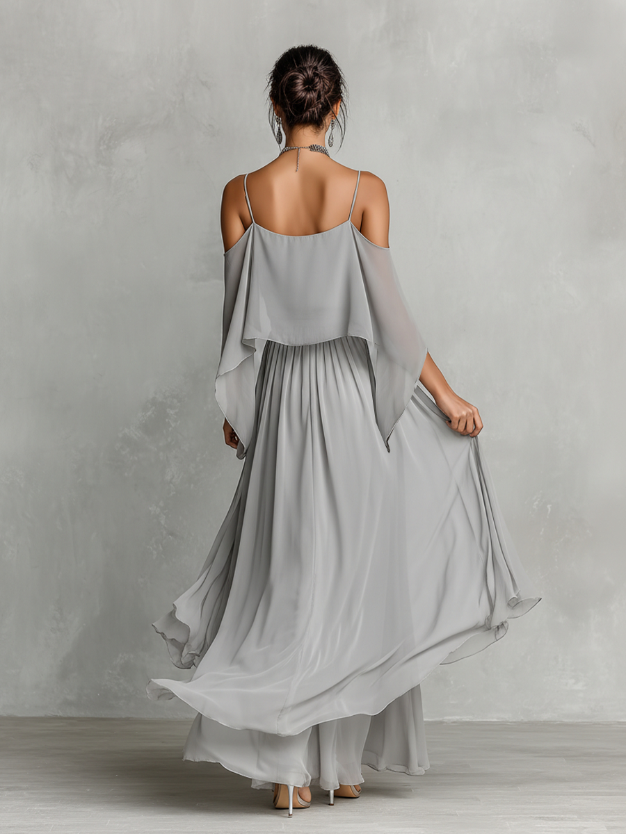 Flared bottom detail of womens grey chiffon set