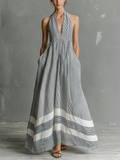 Women’s Striped Halter Maxi Dress – Grey White Summer Vacation Dress