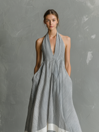 Women’s Striped Halter Maxi Dress – Grey White Summer Vacation Dress