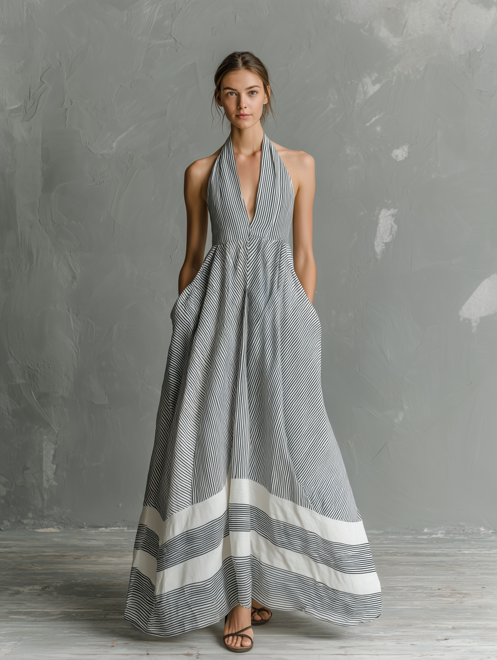 Women’s Striped Halter Maxi Dress – Grey White Summer Vacation Dress