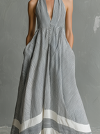Women’s Striped Halter Maxi Dress – Grey White Summer Vacation Dress