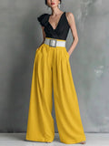 Womens high waisted wide leg pants front view, lightweight flowing summer trousers
