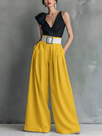 Womens high waisted wide leg pants front view, lightweight flowing summer trousers