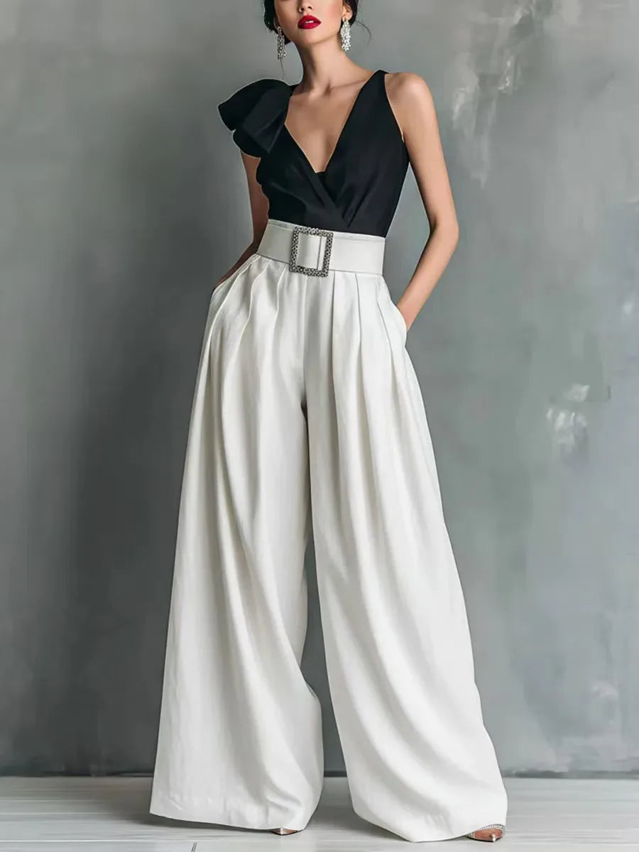High waisted wide leg pants styled for work and everyday wear