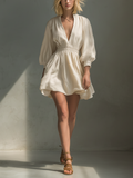 Brianna | Ivory Linen-Blend Deep V-Neck Balloon Sleeve Smocked Waist Tulip Mini Dress – Romantic Breezy Style
