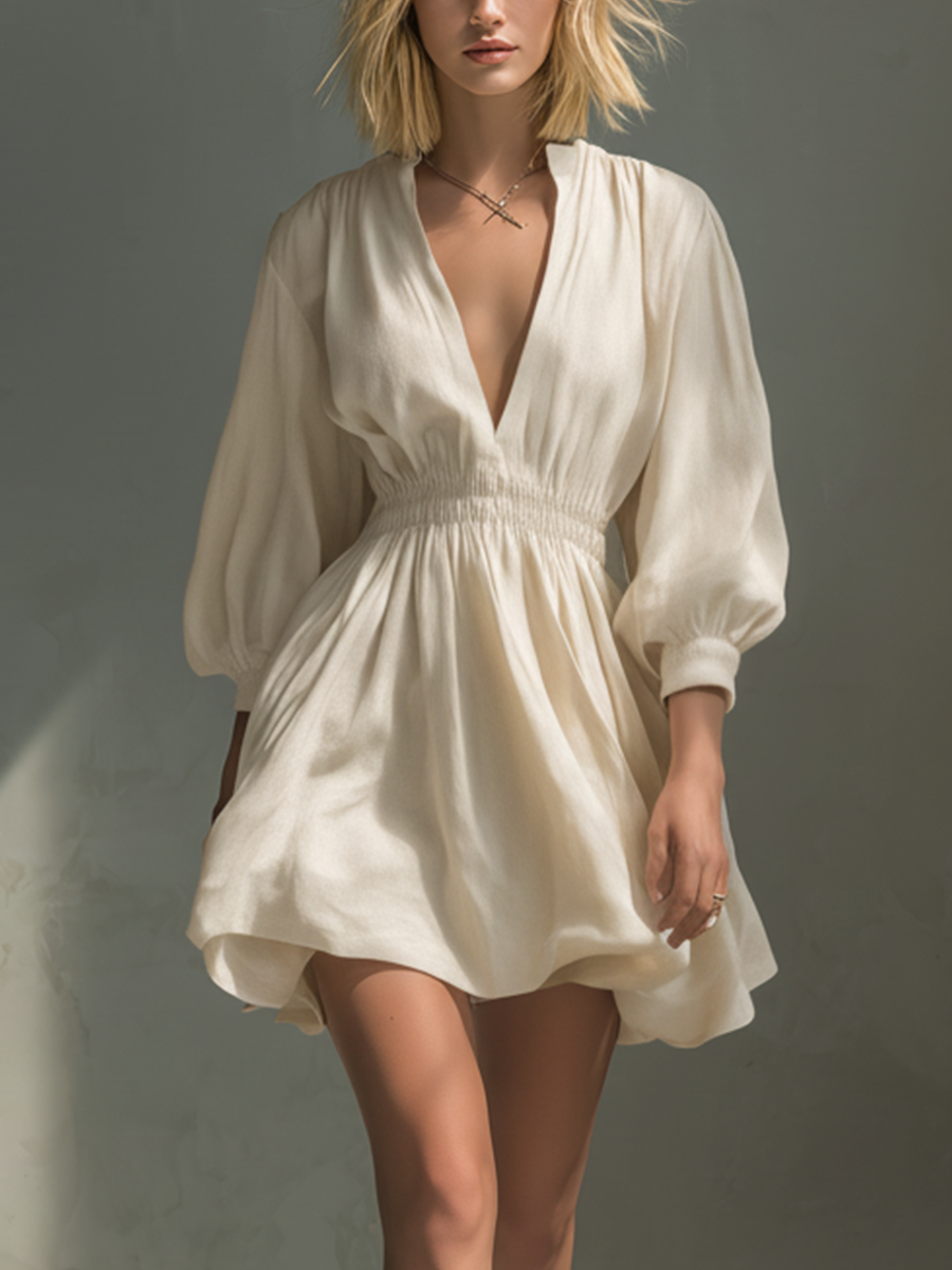 Brianna | Ivory Linen-Blend Deep V-Neck Balloon Sleeve Smocked Waist Tulip Mini Dress – Romantic Breezy Style