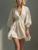 Brianna | Ivory Linen-Blend Deep V-Neck Balloon Sleeve Smocked Waist Tulip Mini Dress – Romantic Breezy Style