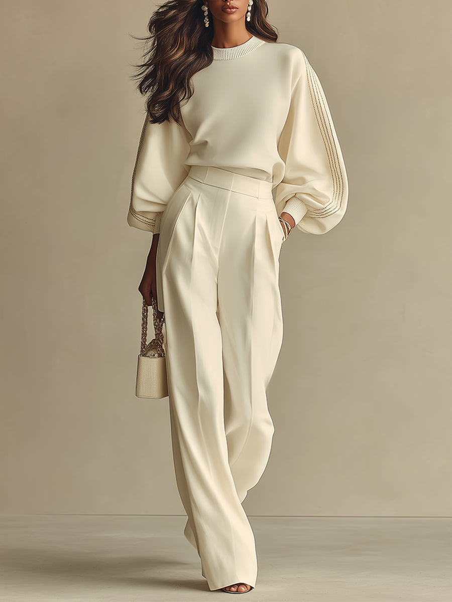 Women’s Ivory Textured Knit Two-Piece Set – Ribbed Crew Neck Top & High-Waisted Bottoms