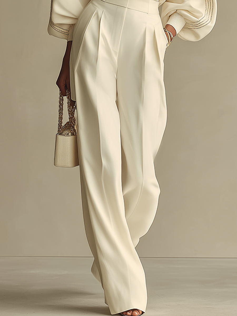 Women’s Ivory Textured Knit Two-Piece Set – Ribbed Crew Neck Top & High-Waisted Bottoms