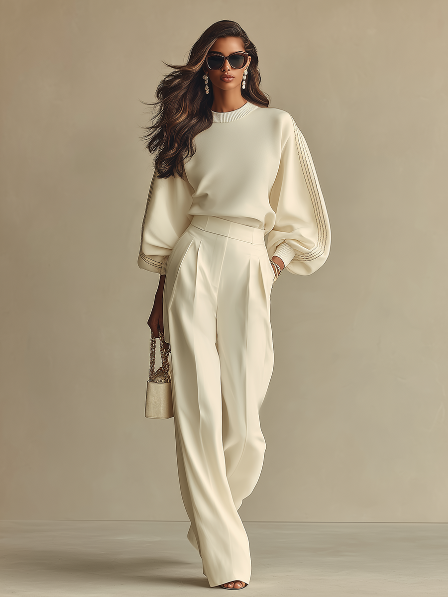 Women’s Ivory Textured Knit Two-Piece Set – Ribbed Crew Neck Top & High-Waisted Bottoms