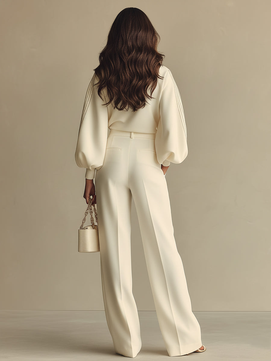 Women’s Ivory Textured Knit Two-Piece Set – Ribbed Crew Neck Top & High-Waisted Bottoms