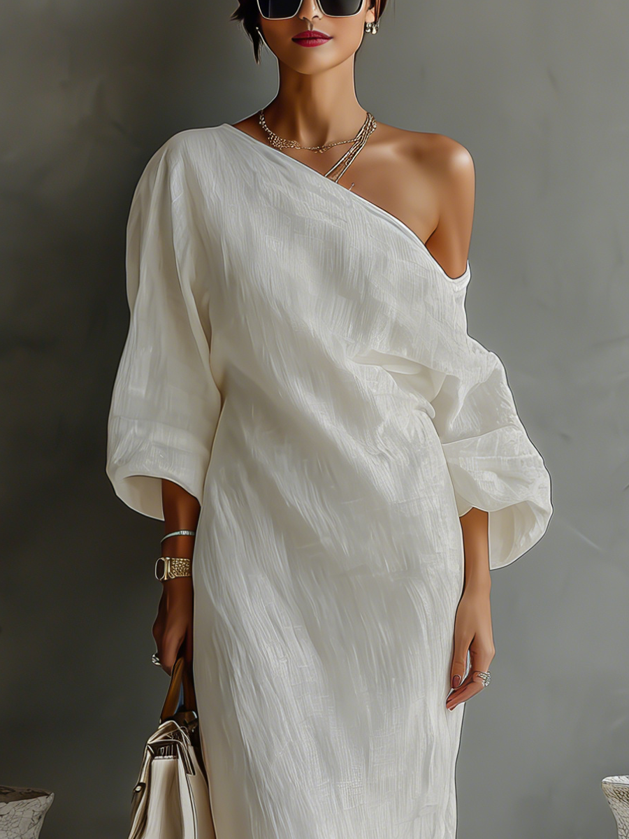 Women’s Ivory One-Shoulder Cotton Linen Maxi Dress – Elegant Formal Gown